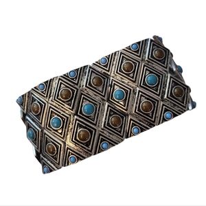 Vintage Premier Designs Silver Turquoise Brown Stretch Bracelet Southwestern MCM